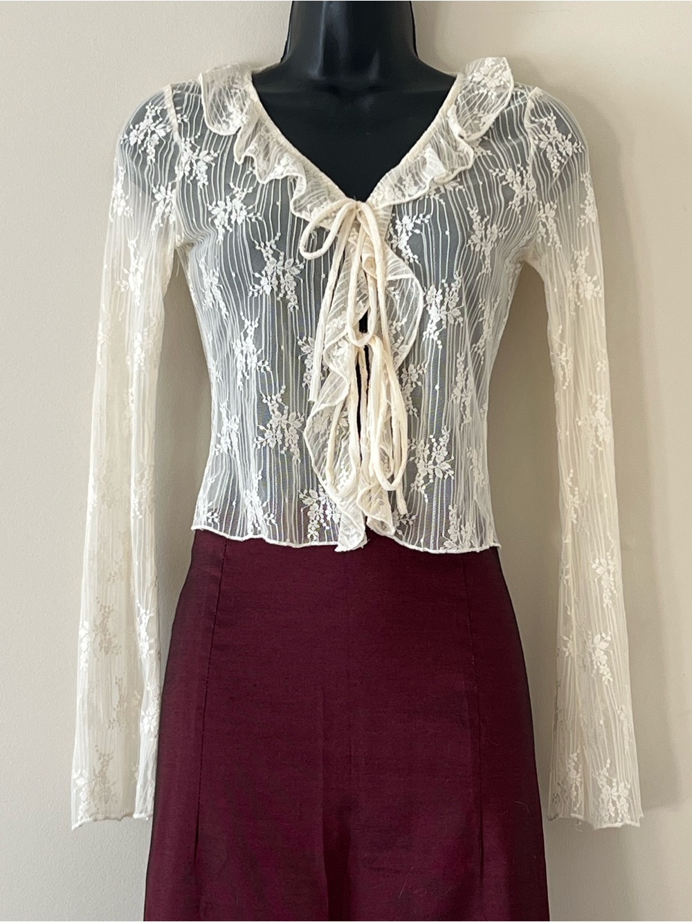 XS Sheer Lace Tie-Front Long Sleeve Blouse - Cream